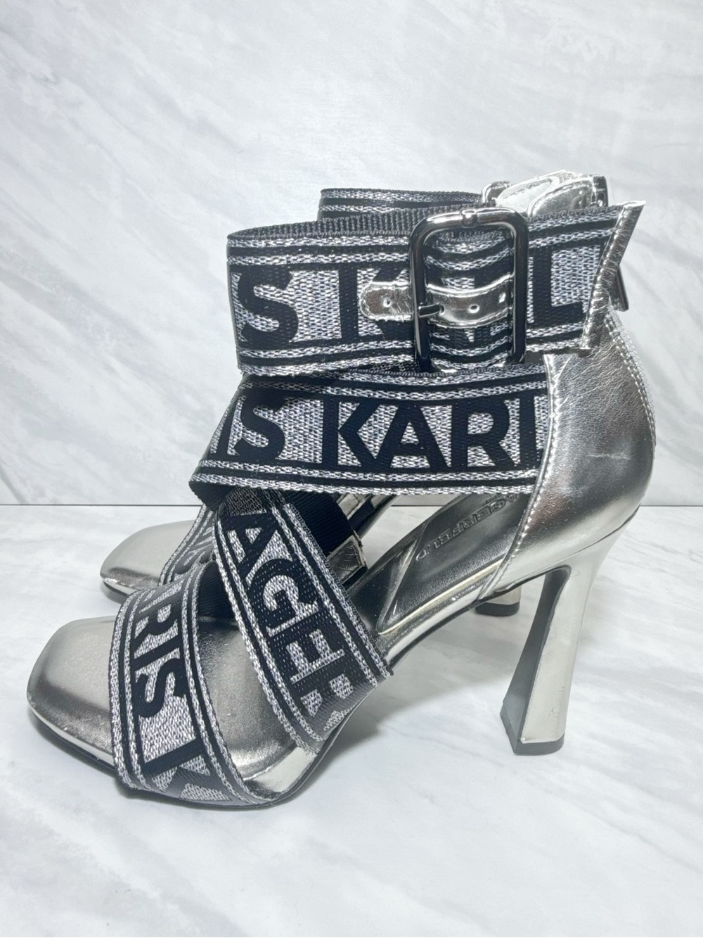 Karl Lagerfeld Metallic Silver Logo Strap High Heels 6